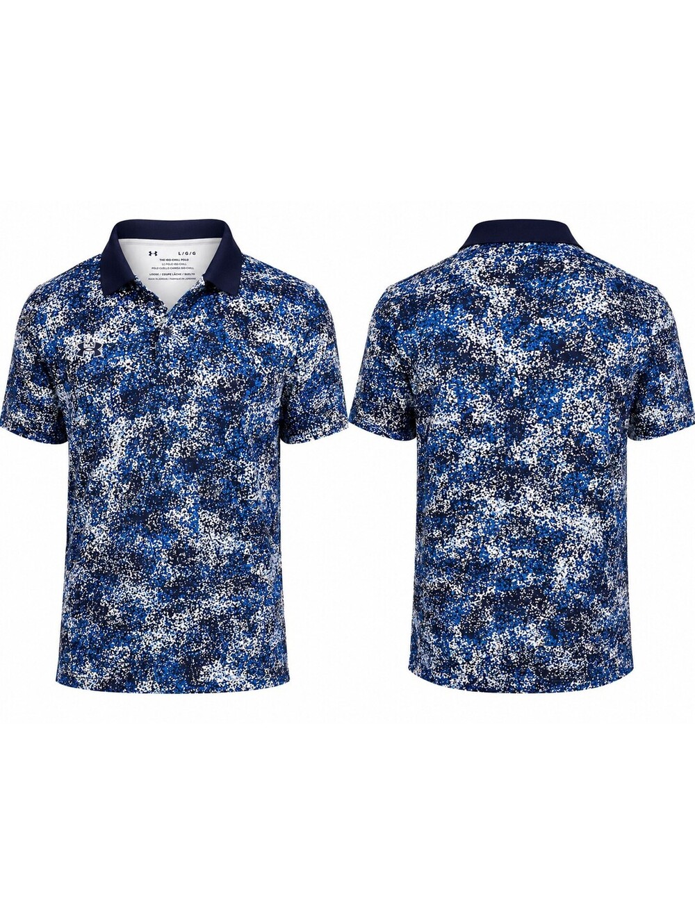 Under Armour Playoff Polo Loose Fit Shirt Mens Large Blue Golf Splatter Print